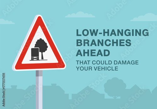 Safe driving tips and traffic regulation rules. Close-up of european "insufficient clearance" sign meaning. Low-hanging branches ahead. Flat vector illustration template.
