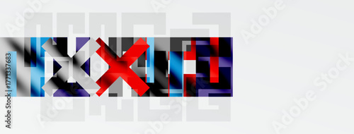 Abstract geometric design. Squares overlap, creating complex patterns. Red, blue, gray dominate composition. Minimalist aesthetic.