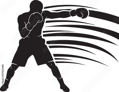 Dynamic silhouette boxer throwing powerful punch in action silhouette boxing sport concept