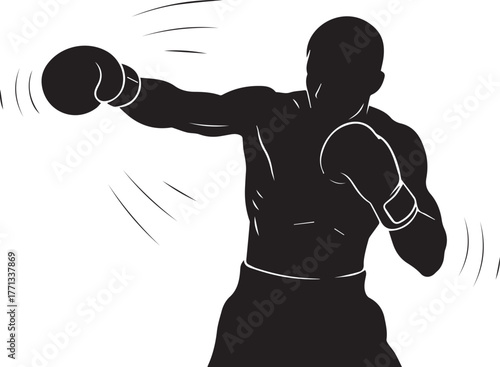 Dynamic silhouette of a boxer throwing a powerful punch in motion sport