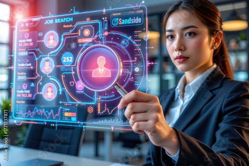 Businesswoman analyzing futuristic digital interface with identification framework management risk opportunity, insurance, finance, ensure, safety