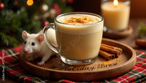 - White rat peeking beside festive holiday latte on wooden tray