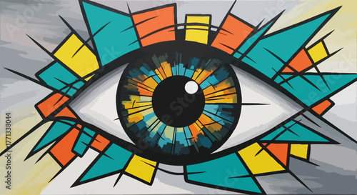 Abstract eye art with geometric shapes and bold colors
