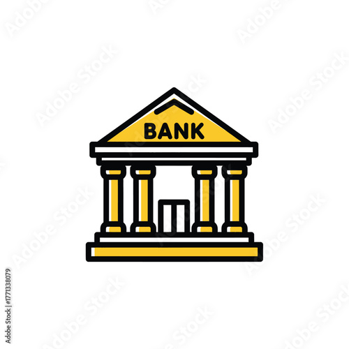 Simple illustration of a yellow bank building with classical columns