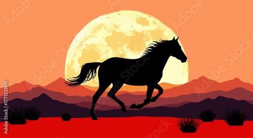 Black horse gallops across desert with full moon rising