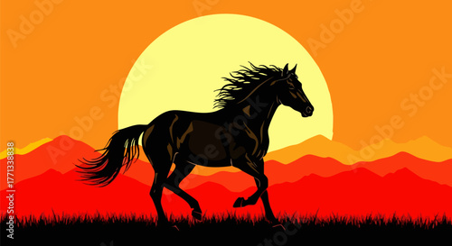 Black horse gallops across plains at sunset artwork