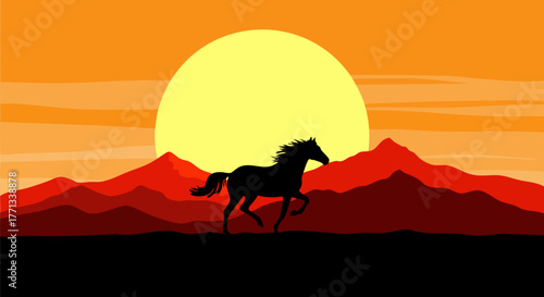 Horse silhouette runs at sunset in a mountain landscape