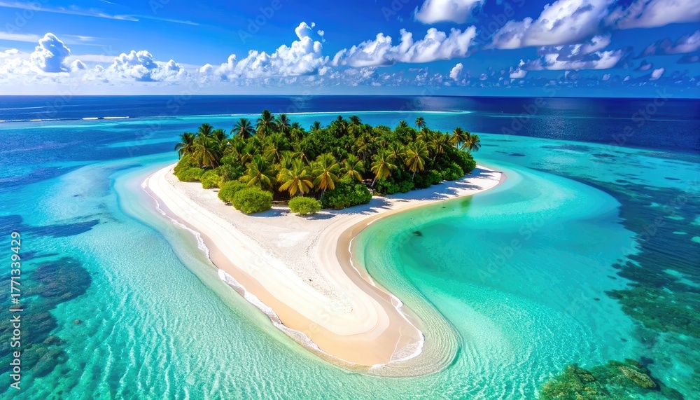Fototapeta premium A remote tropical island with white sand, palm trees, and clear turquoise water