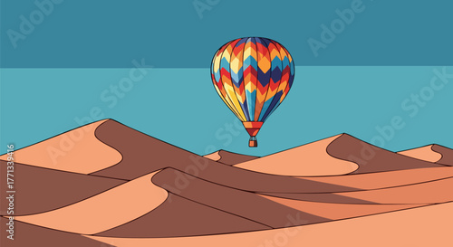Hot air balloon soars over desert dunes illustration