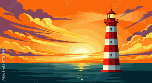 Lighthouse stands tall against a vibrant sunset sky