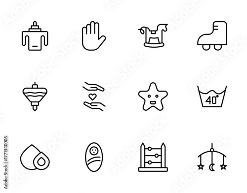 Baby and kids line icon set, sippy cup hand care walker skate spinning top star wash 40C drops swaddled baby abacus mobile outline