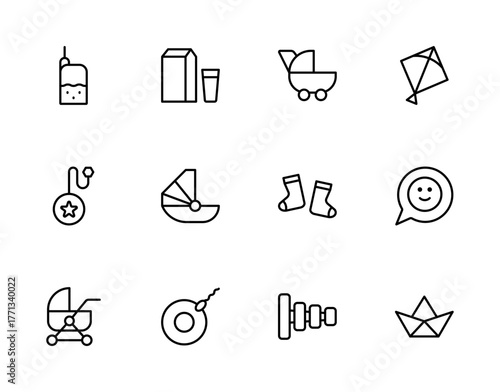 Baby line icon set, stroller bottle bassinet socks toys outline