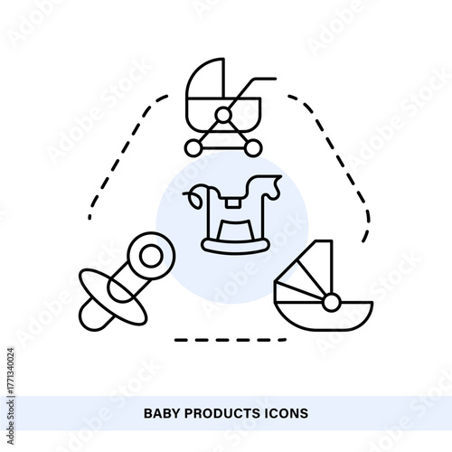 Baby products icon set, stroller pacifier bassinet walker outline