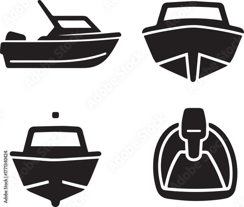 Minimalist Black Silhouette Icons of Motorboat from Multiple Angles