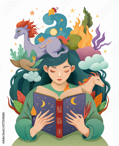 Young Woman Immersed in Fantasy Fairy Tale Book, Imagination Unfolding