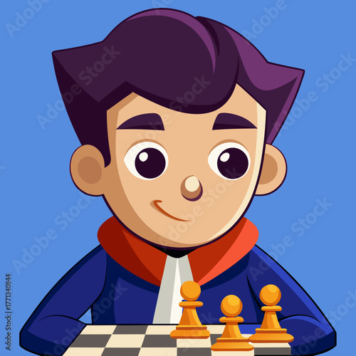 Cartoon boy playing chess with pawns on chessboard
