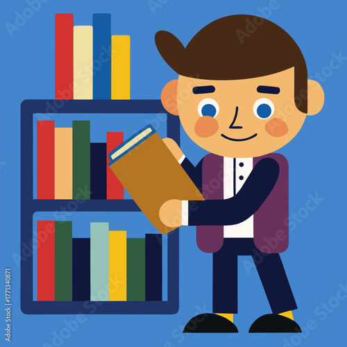 Cartoon boy reading a book in front of bookshelves