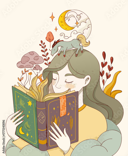Whimsical Woman Immersed in a Fairy Tale Book