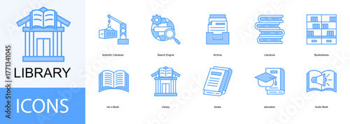 Library Management icon collection set. Containing Archive, Literature, Bookshelves, Book, Library icon.