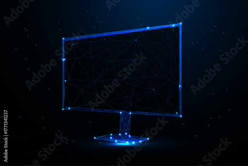 A digital illustration featuring a computer monitor rendered in a futuristic, low poly or polygonal wireframe style against a solid black background.