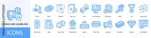Casino and Gambling icon collection set. Containing Domino, Money, Blackjack, Poker Chip, dices icon.
