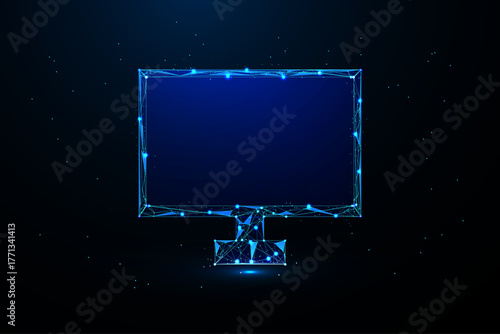 A digital illustration featuring a computer monitor rendered in a futuristic, low poly or polygonal wireframe style against a solid black background.