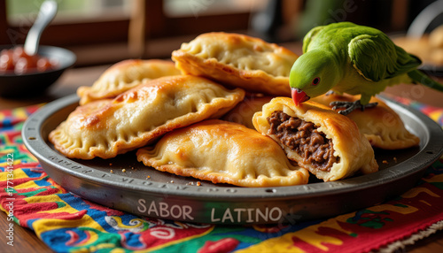 - Green parrot nibbling empanadas on a metal tray with SABOR LATINO