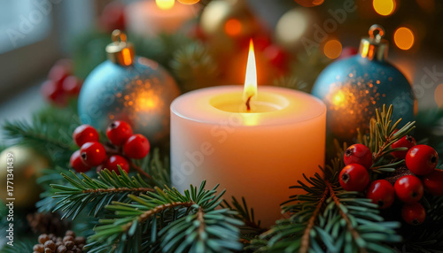 Festive candle surrounded by holiday decorations and greenery on a cozy winter evening