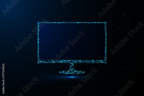 A digital illustration featuring a computer monitor rendered in a futuristic, low poly or polygonal wireframe style against a solid black background.