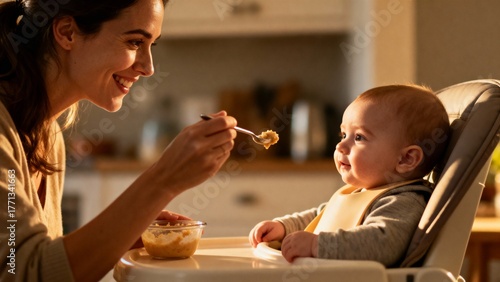 Mother feeding baby in high chair at home during daytime  