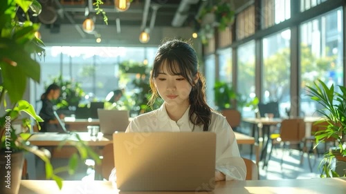 仕事をする女性、パソコン