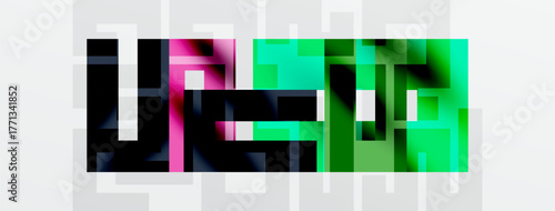 Abstract graphic design. Rectangular blocks overlap, creating vibrant color patterns. Pink, green, black dominate composition. Grid background visible.