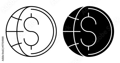 Linear icon. Dollar sign of global financial system against the background of globe. Simple vector isolated on white background
