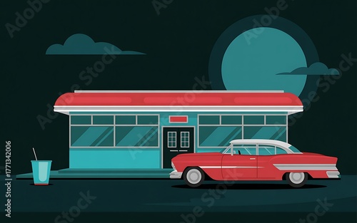Retro diner and classic car under the moonlight