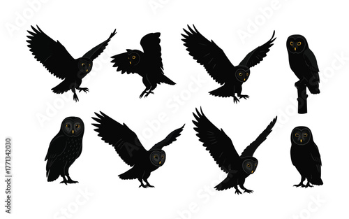 Dynamic black owl vector set, showcasing various flight and perching poses with prominent yellow eyes