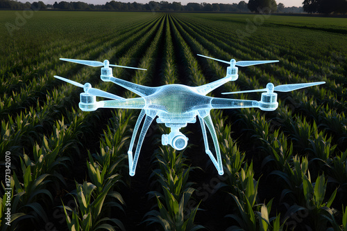 Wallpaper Mural Futuristic drone surveying a vast green agricultural field at sunset Torontodigital.ca