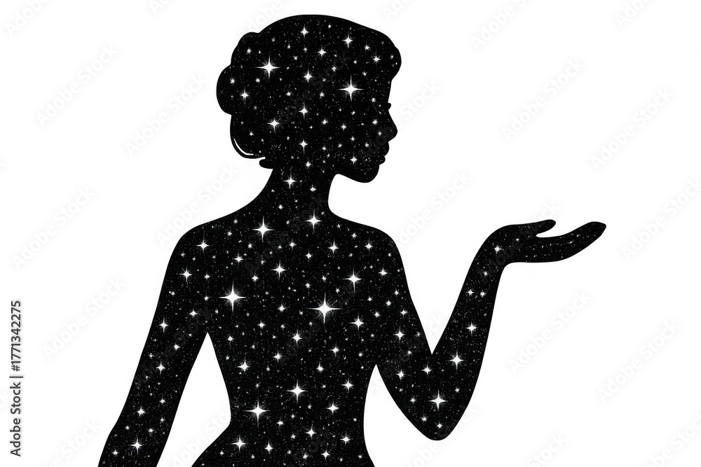 Fototapeta premium Woman silhouette with stars and cosmic galaxy universe, showing celestial body, spiritual feminine energy with transparent background