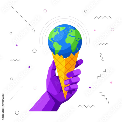 A conceptual design showing the planet Earth as a melting ice cream scoop held in a hand for climate awareness
