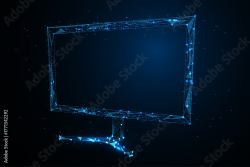 A digital illustration featuring a computer monitor rendered in a futuristic, low poly or polygonal wireframe style against a solid black background.