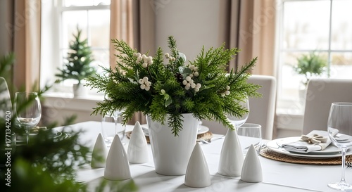 Elegant winter holiday dining table adorned with a festive evergreen and white berry centerpiece, set for a celebratory meal