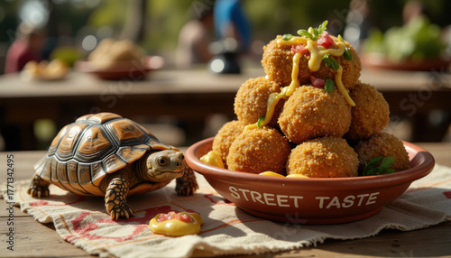Turtle eyeing street food on outdoor table