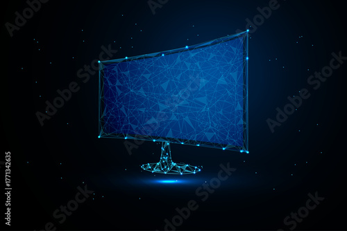 A digital illustration featuring a computer monitor rendered in a futuristic, low poly or polygonal wireframe style against a solid black background.