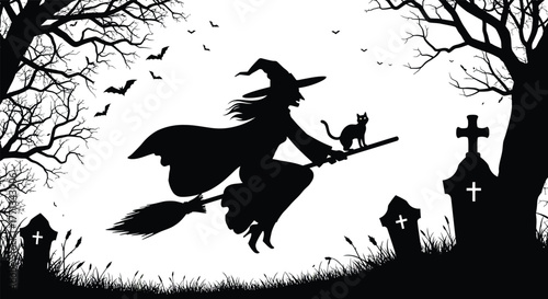 Spooky Halloween scene featuring a witch silhouette flying on a broomstick over a graveyard