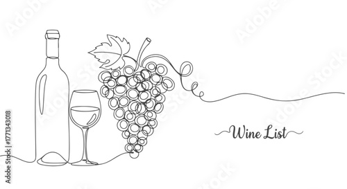 A continuous one line drawing of a wine bottle, wine glass, and grapes, representing a wine list and sophisticated beverage enjoyment