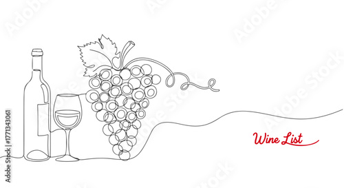 One line continuous drawing of wine bottle, glass and grapes, representing wine culture, food and drink