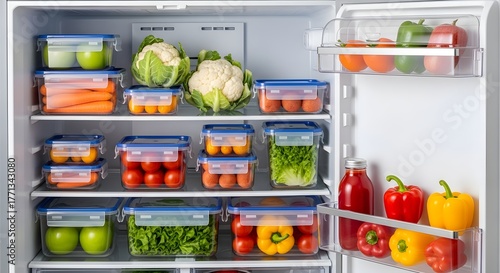 Fototapeta Naklejka Na Ścianę i Meble -  A well-organized refrigerator filled with fresh fruits and vegetables in airtight containers for healthy meal preparation