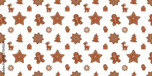 Christmas gingerbread pattern. Seamless flat design with cookie  tree, snowflake, mitten, house, reindeer and star on light beige background, repeating texture. Winter vector illustration for package