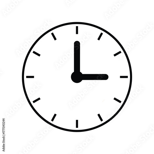 Simple analog clock face showing three oclock with black hands and hour markers