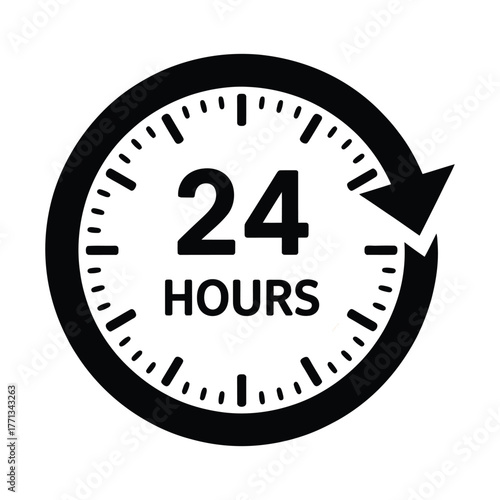 24 Hours Round-the-Clock Service Clock Arrow Vector Icon.