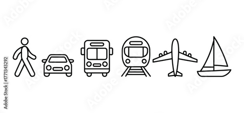 Travel and Transportation Line Icons Set: Car, Bus, Train, Plane, Boat.